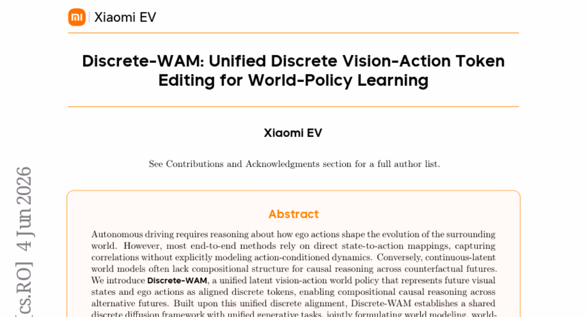 AI资讯:Discrete-WAM论文展示其自动驾驶世界模型架构