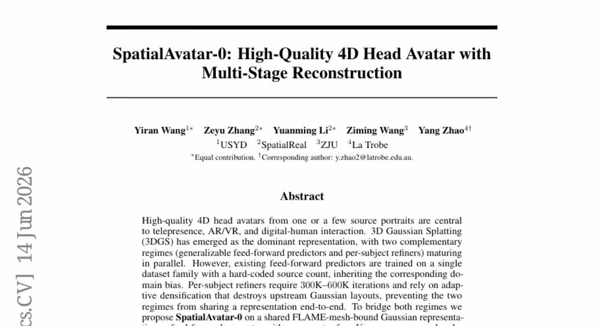 AI资讯：SpatialAvatar-0利用多阶段3D高斯渲染技术对少镜头面部图像进行4D重建的框架图